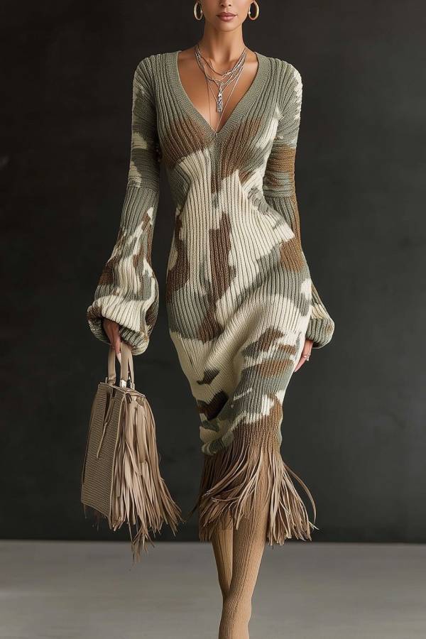 Printed Knit Dress with Lantern Sleeves & Tassel Hem