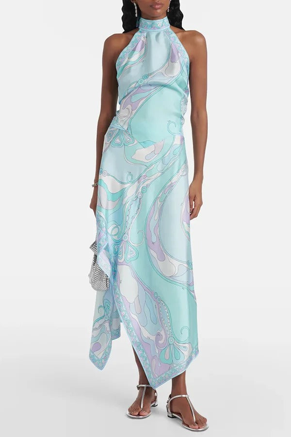 Satin Unique Print Halter Top and Irregular Midi Skirt Set