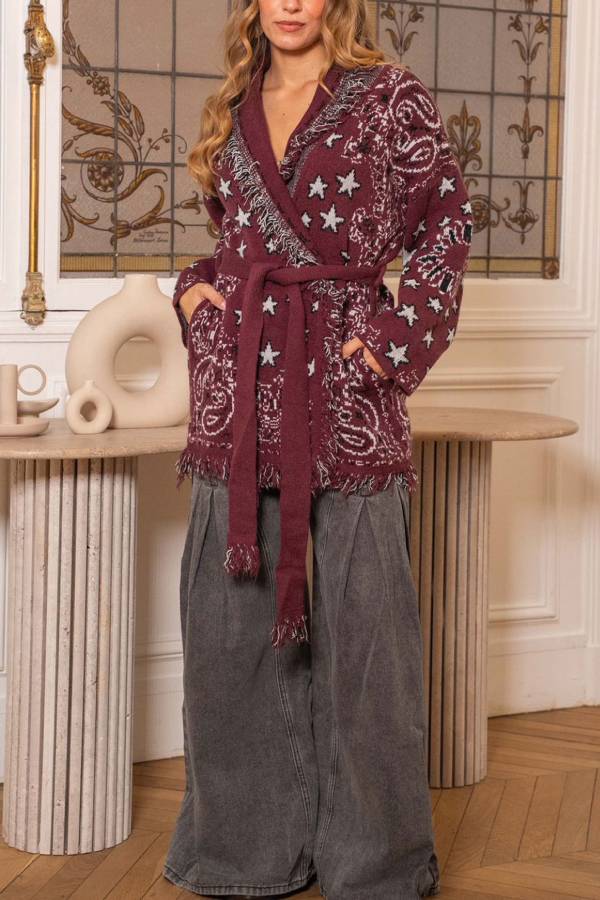 Bohemian Fringe Tie‑Waist Knit Cardigan Coat