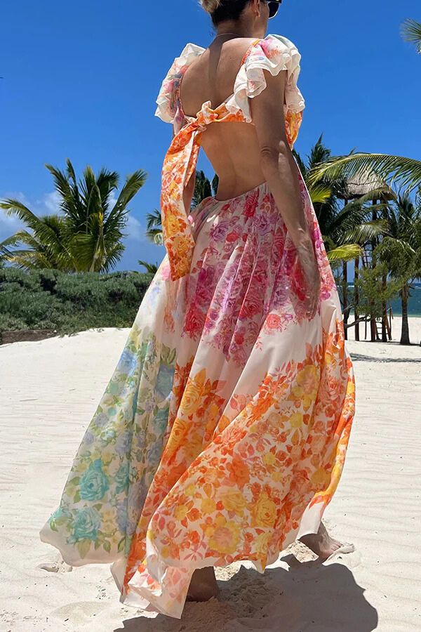 Blooming Beauty Multicolor Floral Frill Cutout Back Tie-up Maxi Dress