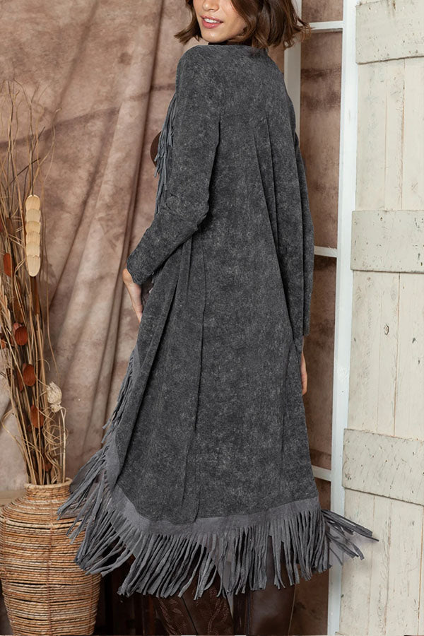 Mineral Washed Tassel Open Front Long Cardigan