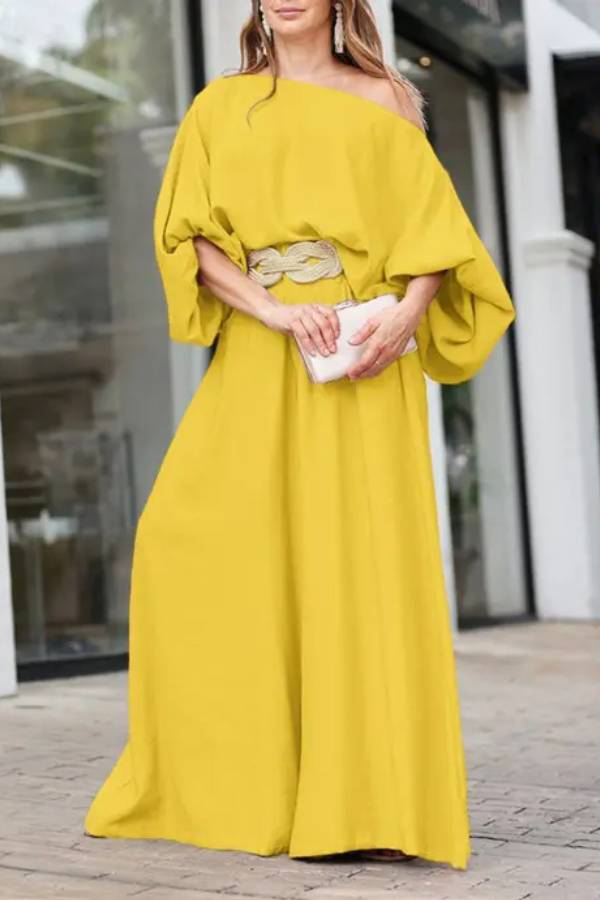 Skew Neck Lantern Sleeve Top & Wide Leg Pants Set