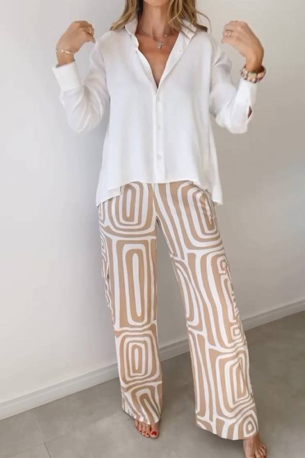 Solid Long Sleeve Shirt & Geometric Print High Waist Wide Leg Pants 2 Piece Set
