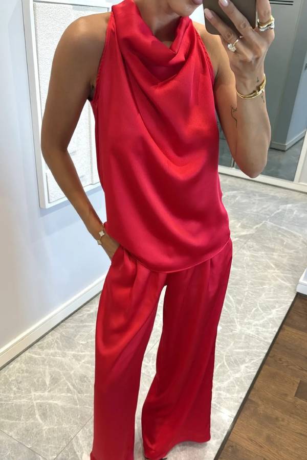 Classic on You Satin High Cowl Neck Top and Elastic Waist Pocket Loose Pants Set