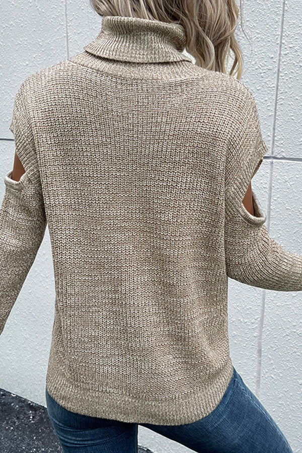 Turtleneck Long Sleeve Solid Color Hollow Off Shoulder Sweater