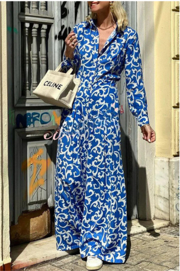 Ethnic Print Lapel Button Pocket Long Sleeve Shirt Maxi Dress