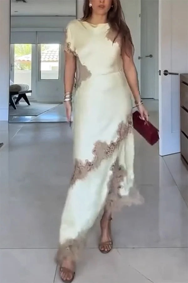 Paris Dream Satin Lace Trim Irregular Design Drape Maxi Dress