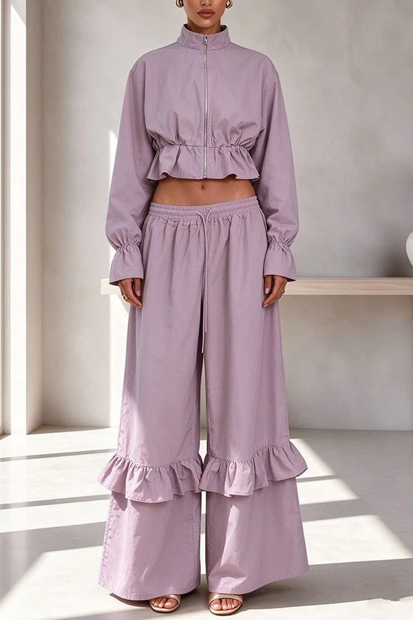 Sporty-style Zipper Flare Hem Jacket and Elastic Waist Ruffle Trim Loose Pants Set