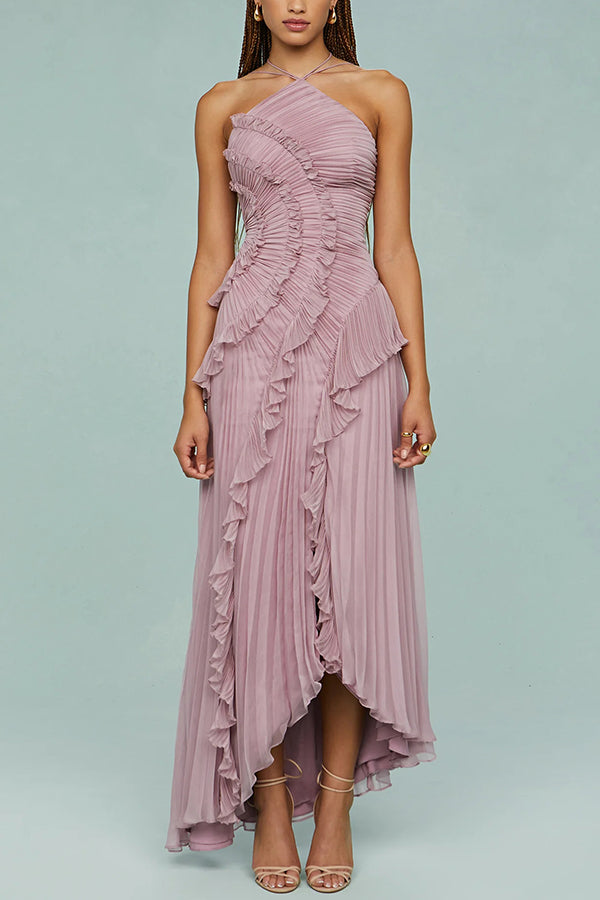 Dream Ode Lily Pad Style Pleats and Ruffles Halter Gown Maxi Dress