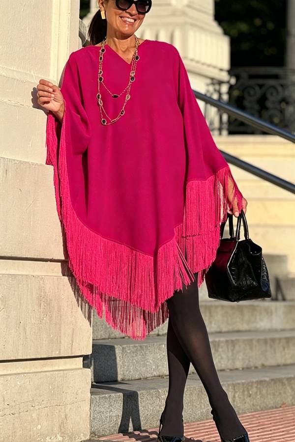 Elevate Your Wardrobe Batwing Sleeve Tassel Trim Cape Mini Dress