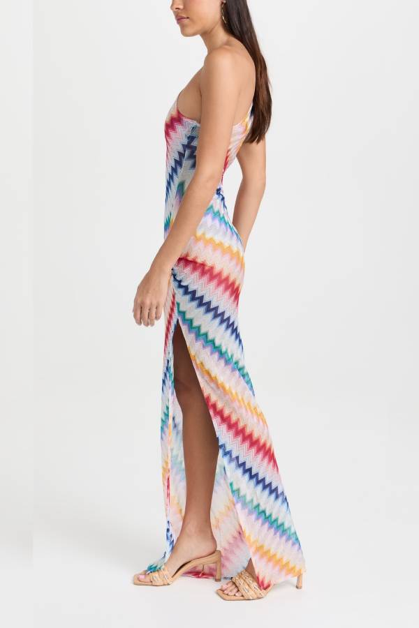 Vacay Charm Knit Colorful Zigzag Pattern One Shoulder Slit Maxi Dress