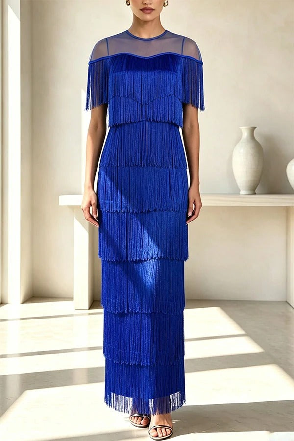 Elowyn Mesh Tiered Tassel Patchwork Round Neck Cape Sleeve Midi Dress