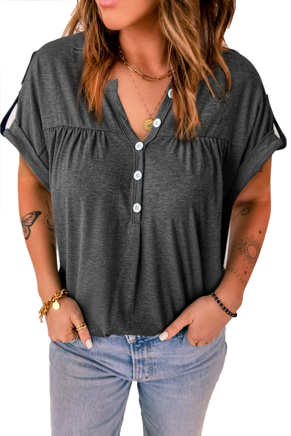 Solid Button V Neck Short Sleeve Top