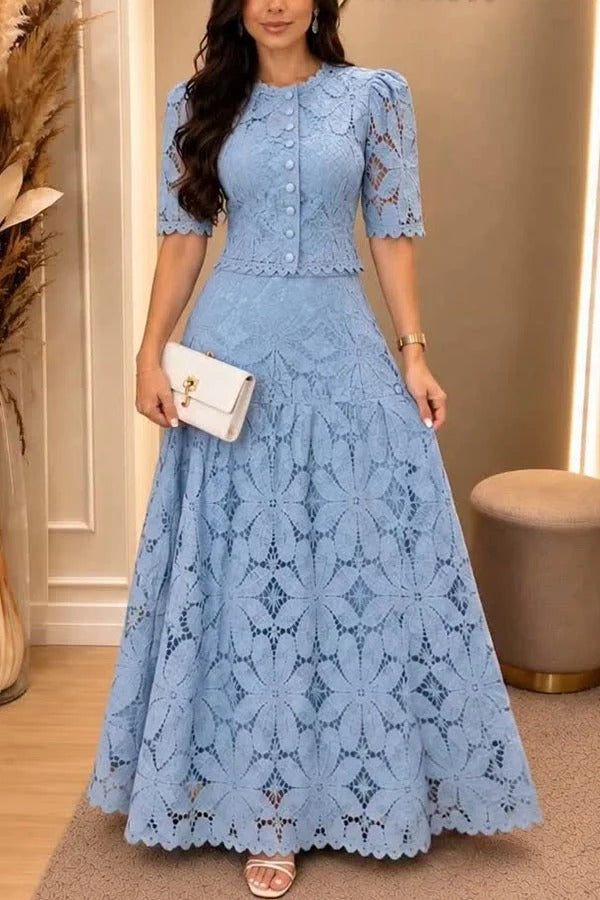 Romantic Embroidered Floral Lace Short Sleeve Button Top and High Rise Pleated Full Skirt Set