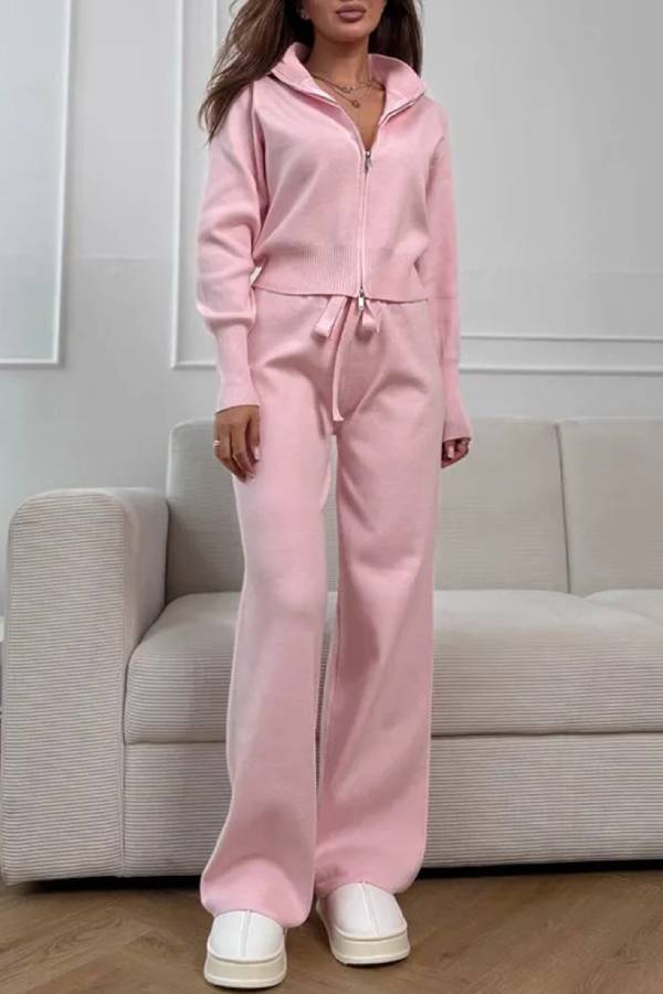 Stand Collar Zip Knit Two Piece Set