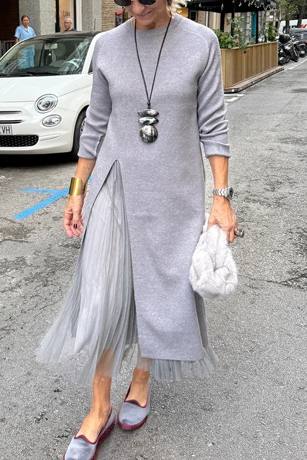 Jollie Knit Long Sleeve Front Slit Midi Sweater and Pleated Tulle Stretch Tank Midi Dress Two-piece Set