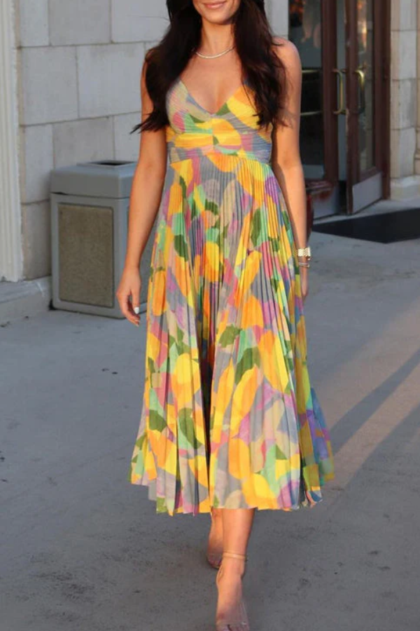 V Neck Printed High Waist Pleated Midi Cami Dress