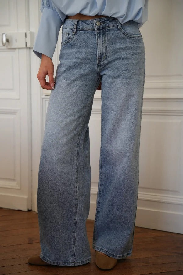 Stylish Denim Colorblock Star Patterned Mid Waist Pocket Wide Leg Jeans