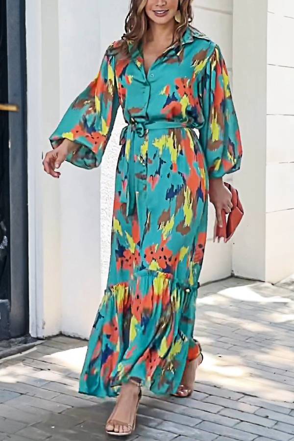 Watercolor Floral Collared Shirt Dress Belted Bubble Sleeve Ruffle Maxi Vacation Dress