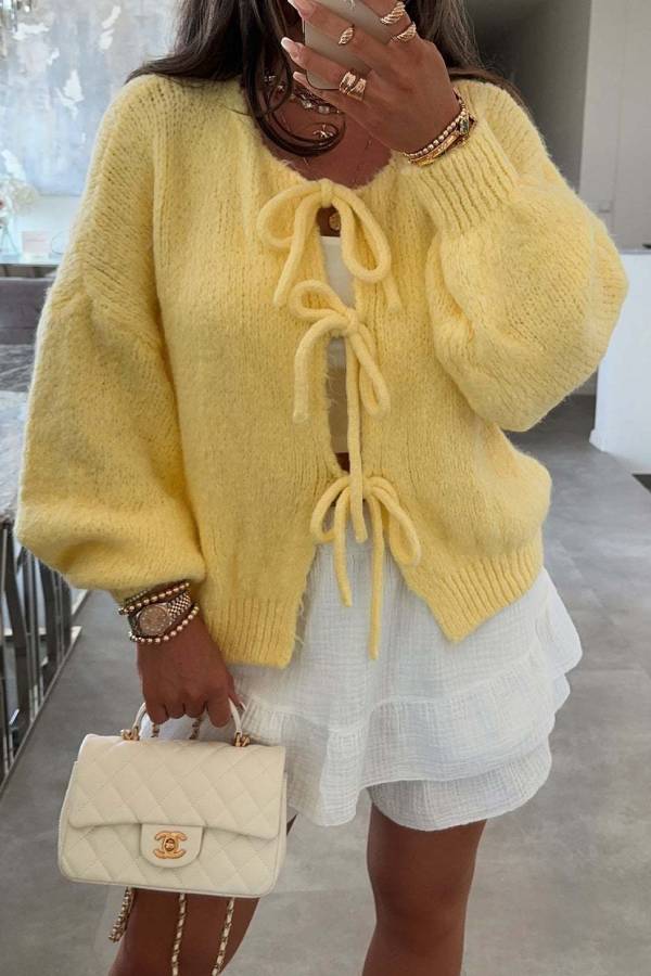 Multi-colored belted loose knit cardigan