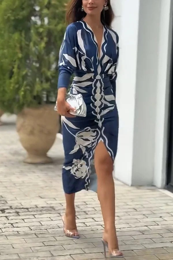 Caliana Unique Print Dolman Long Sleeve Ruched Slit Midi Dress
