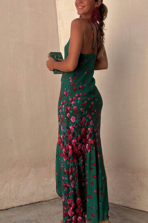 Falling Flowers Printed Back Lace-up Fishtail Stretch Maxi Dress