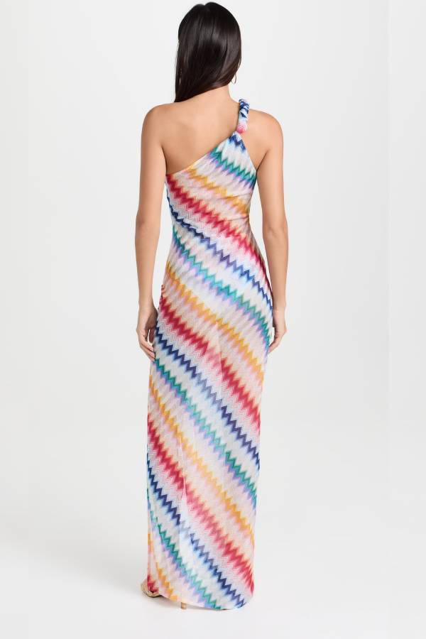 Vacay Charm Knit Colorful Zigzag Pattern One Shoulder Slit Maxi Dress