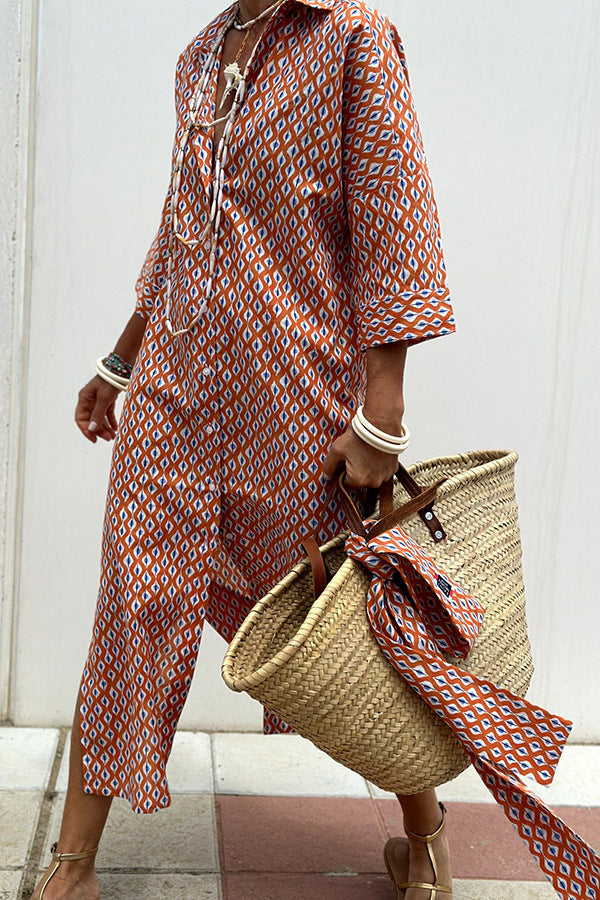 Bohemian Geometric Printed Belted Shirt Midi Dress