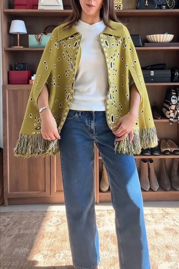 Lennie Bandana Knit Printed Open-Sleeve Pocket Fringe Lapel Zipper Poncho Sweater