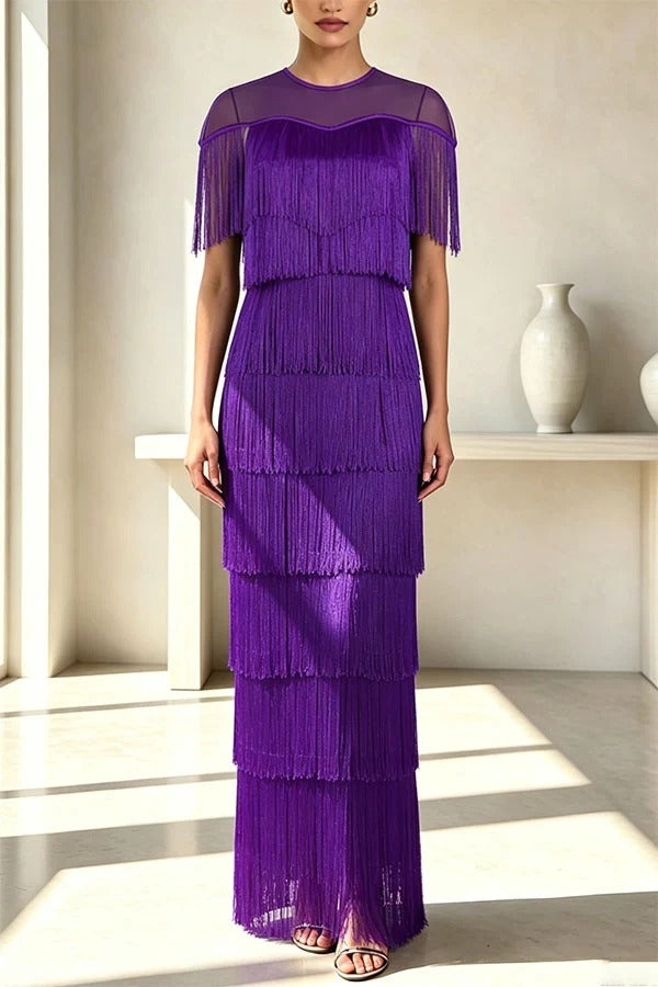 Elowyn Mesh Tiered Tassel Patchwork Round Neck Cape Sleeve Midi Dress