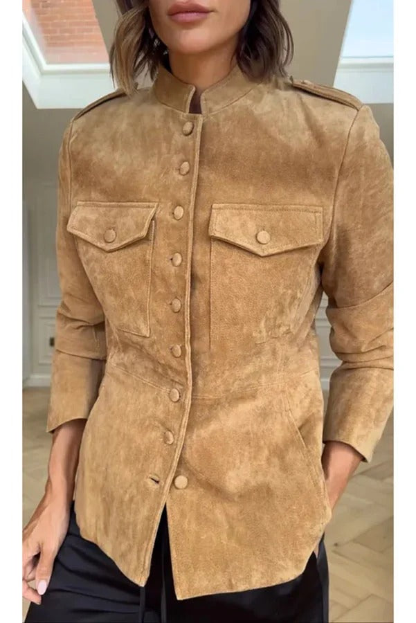 Military Style Suede Stand Neck Button Long Sleeve Pocket Jacket