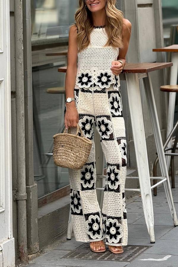 Black and White Crochet Knit Set