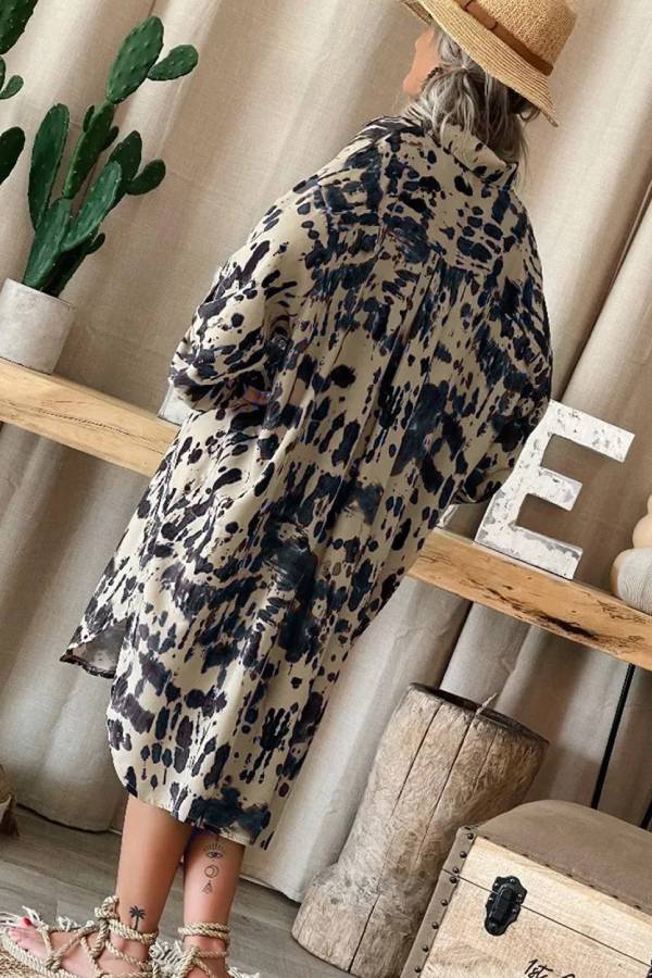 Apricot Splash Ink Print Long Sleeve Button Front Split Dress