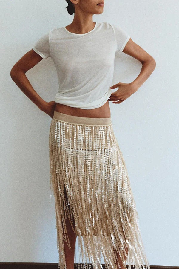 Champagne Party Layered Sequined Tassels Mid Rise Elastic Waist Midi Skirt