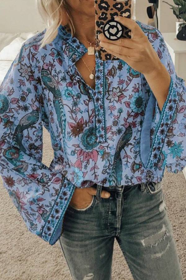 Retro floral and bird print bell sleeve V-neck top