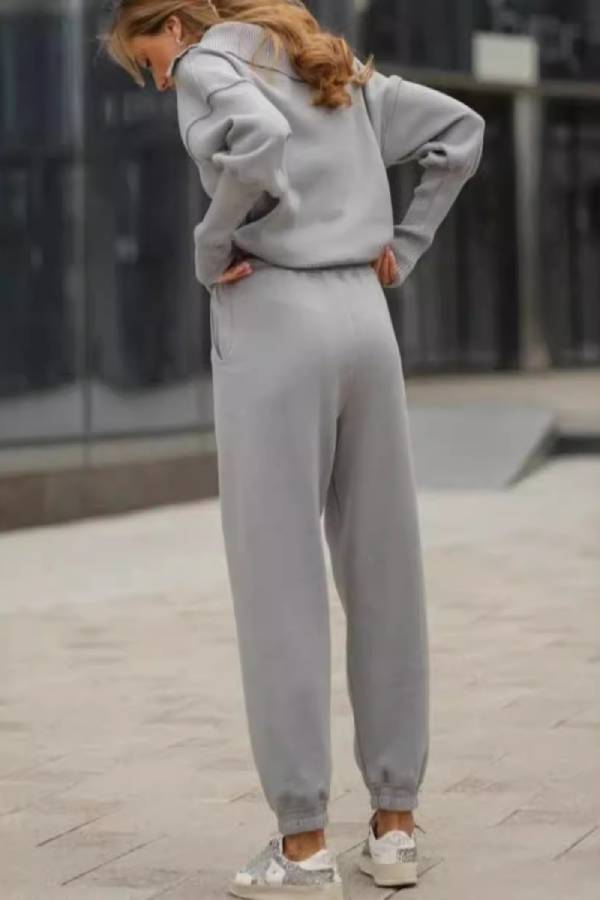 Half-open collar zipper lazy style knitted suit