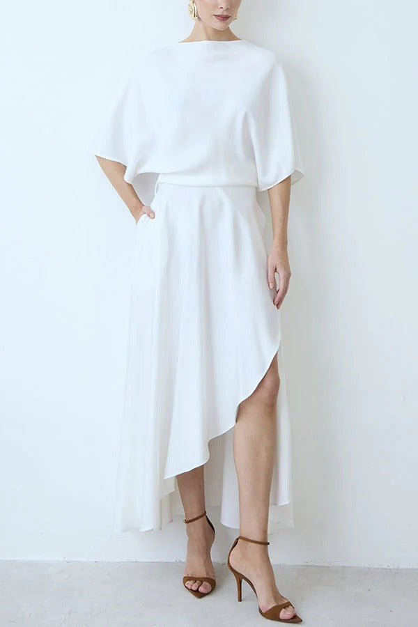 Modern and Elegant Satin Half Wide Sleeve Wrap Style Pocket Slit Loose Maxi Dress