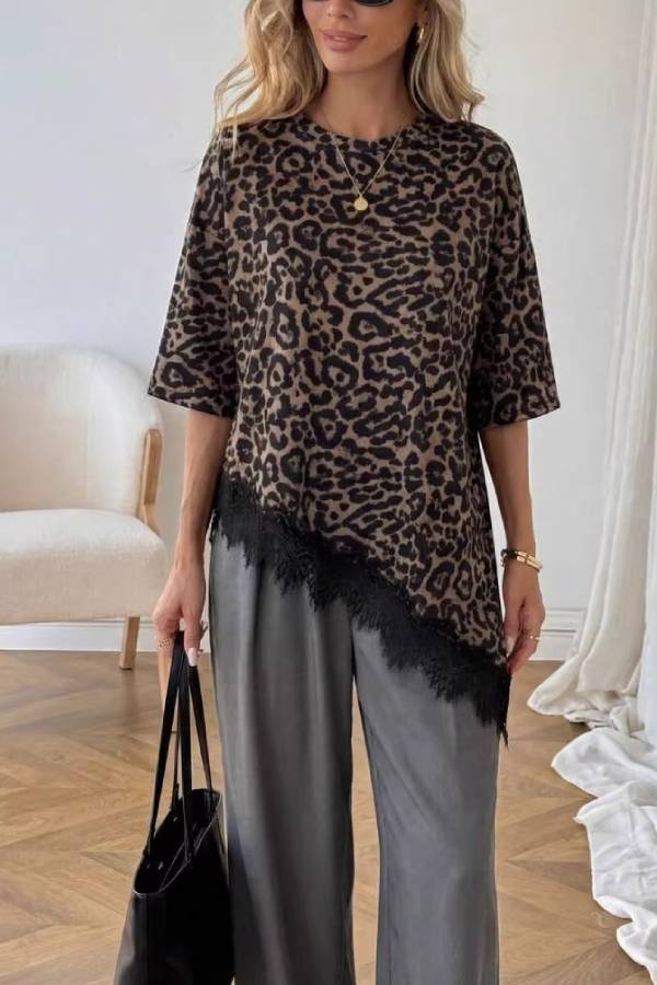 Asymmetrical Lace Hem Mid Sleeve Loose T-Shirt
