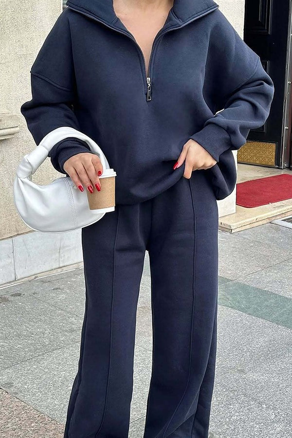 Stylish Half-open Zipper Pullover Sweatshirt and Elastic Waist Wide Leg Pants Set