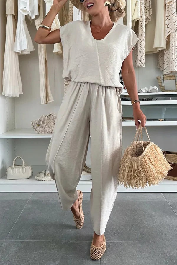 Leva Linen Blend Drawstring Short Sleeve Top and Elastic Waist Pocket Loose Tapered Pants