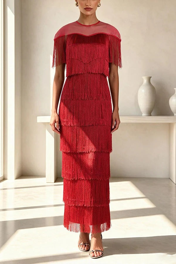 Elowyn Mesh Tiered Tassel Patchwork Round Neck Cape Sleeve Midi Dress