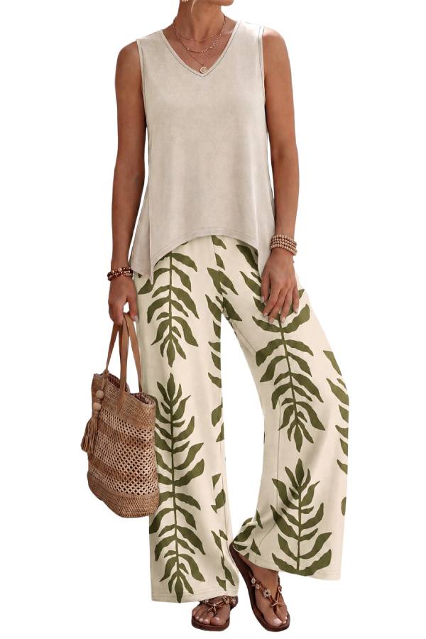 V Neck Sleeveless Tank Leaf Print Wide Leg Pants 2 Piece Vacation Set
