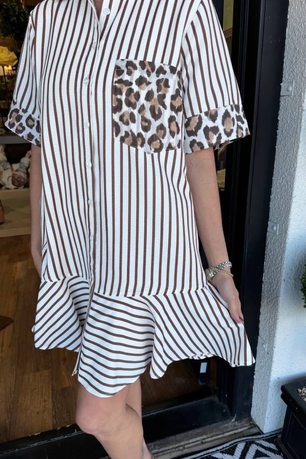 Women's Striped Animal Print Contrast Button Down Dress