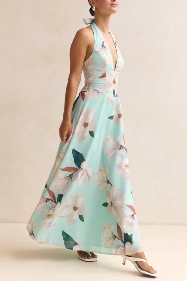 Floral Print V-neck Backless Tie-up Fitted Waist Elegant Maxi Dress