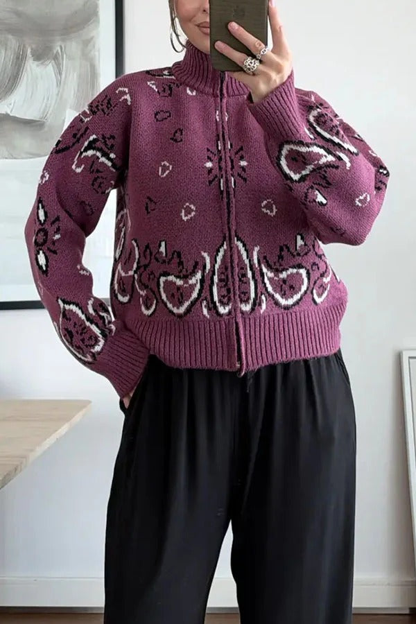 Bandana Knit Printed High Neck Long Sleeve Zipper Relaxed Cardigan