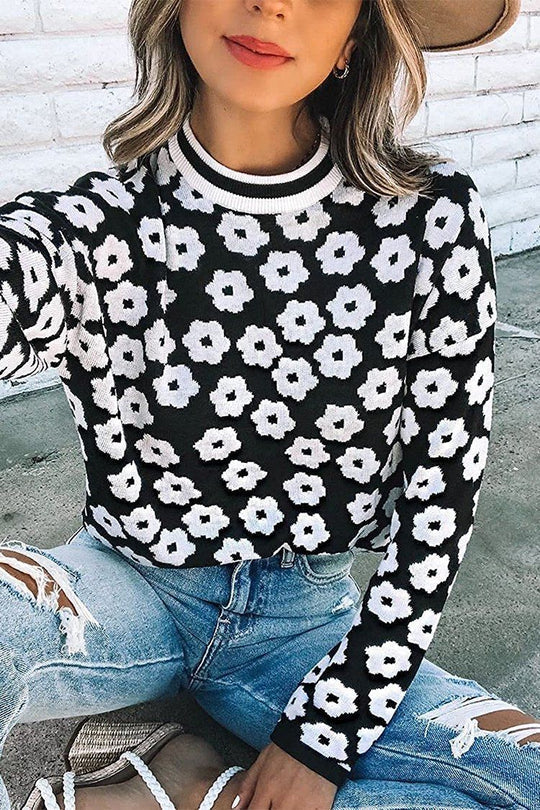 Mock Neck Floral Print Knitted Sweater Color Block Light Weight Sweater