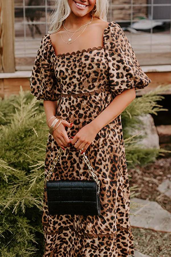 Brown Leopard Print Puff Sleeve Ricrac Maxi Dress