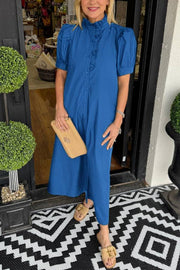 Women's Solid Puff Sleeve Button-Up Shirt Dress