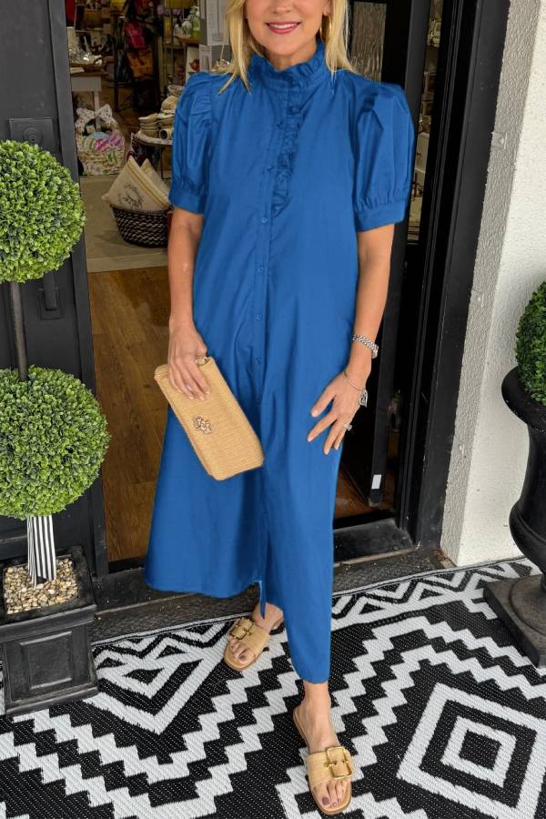 Women's Solid Puff Sleeve Button-Up Shirt Dress