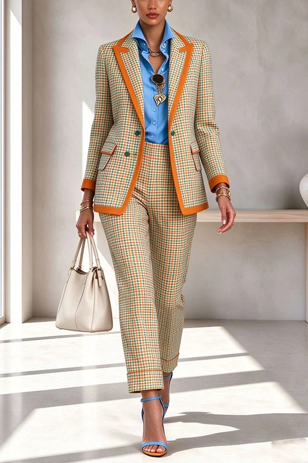Checked Lapel Blazer & Pants Matching Set